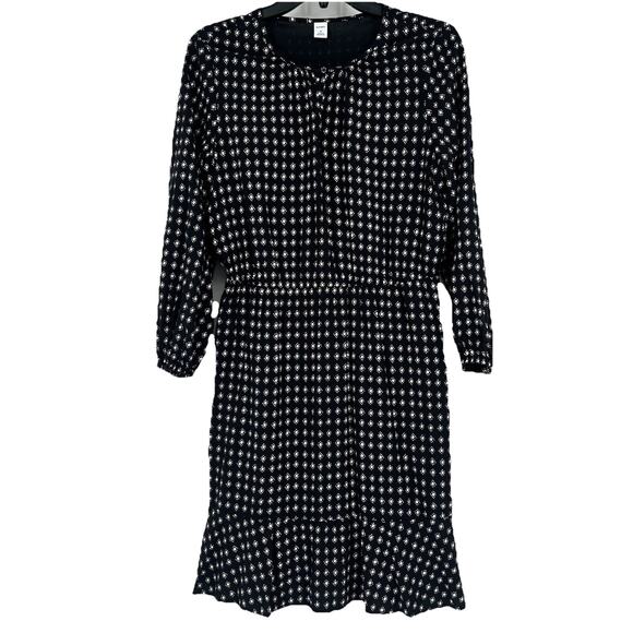Old Navy Defined Waist Dress Black White Print Long Balloon Sleeves Keyhole Sz M - Picture 1 of 10